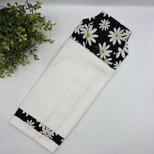 Hanging Kitchen Towel: Black and White Floral Daisy Topper, Button Closure